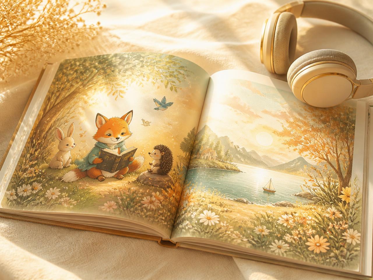 Storybook with headphones resting beside it