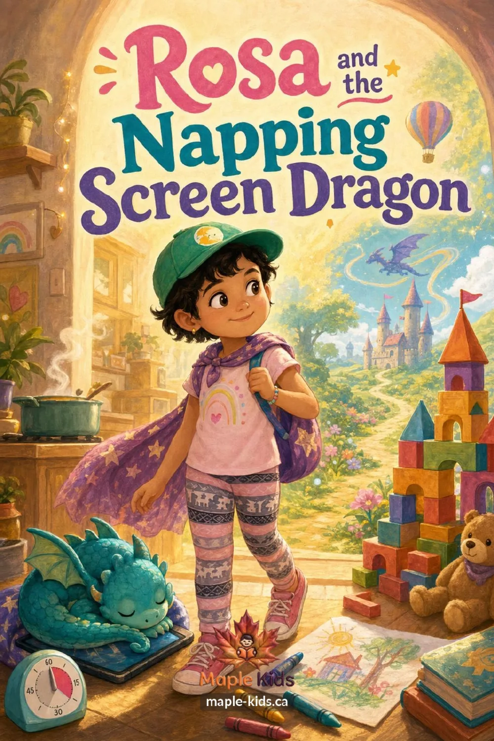 Open storybook revealing the cover of Rosa and the Napping Screen Dragon